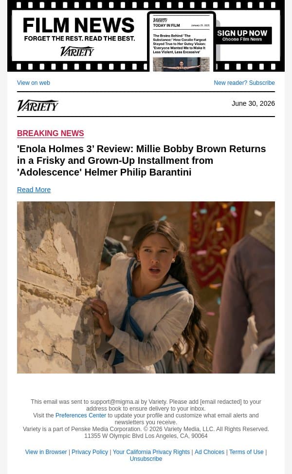 'Enola Holmes 3’ Review: Millie Bobby Brown Returns in a Frisky and Grown-Up Installment from 'Adolescence' Helmer Philip Barantini email from Variety screenshot