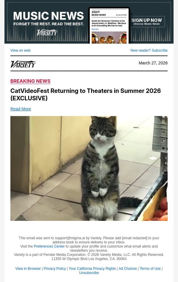 CatVideoFest Returning to Theaters in Summer 2026 (EXCLUSIVE) email from Variety screenshot