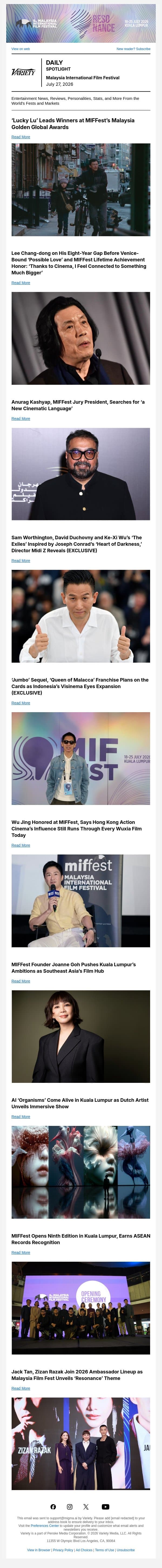 Golden Global Awards Winners; Lee Chang-dong on MIFFest Lifetime Achievement Honor; Anurag Kashyap's New Cinematic Language email from Variety screenshot