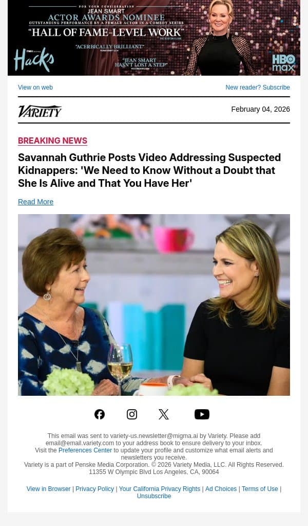 Savannah Guthrie Posts Video Addressing Suspected Kidnappers: 'We Need to Know Without a Doubt that She Is Alive and That You Have Her' email from Variety screenshot