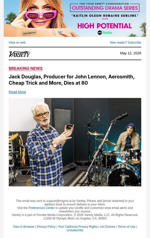 Jack Douglas, Producer for John Lennon, Aerosmith, Cheap Trick and More, Dies at 80 email from Variety screenshot