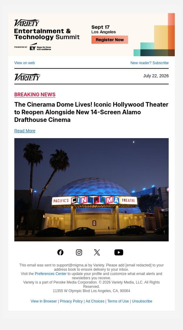 The Cinerama Dome Lives! Iconic Hollywood Theater to Reopen Alongside New 14-Screen Alamo Drafthouse Cinema email from Variety screenshot