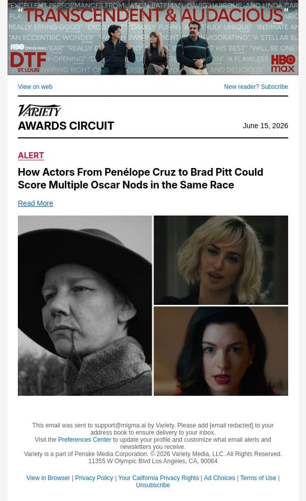 How Actors From Penélope Cruz to Brad Pitt Could Score Multiple Oscar Nods in the Same Race email from Variety screenshot
