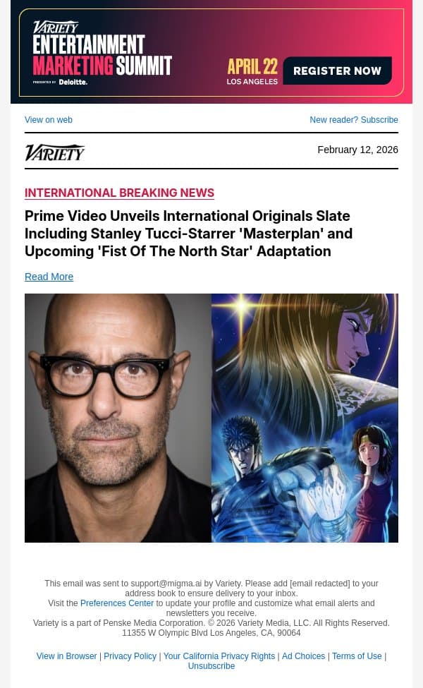 Prime Video Unveils International Originals Slate Including Stanley Tucci-Starrer 'Masterplan' and Upcoming 'Fist Of The North Star' Adaptation email from Variety screenshot