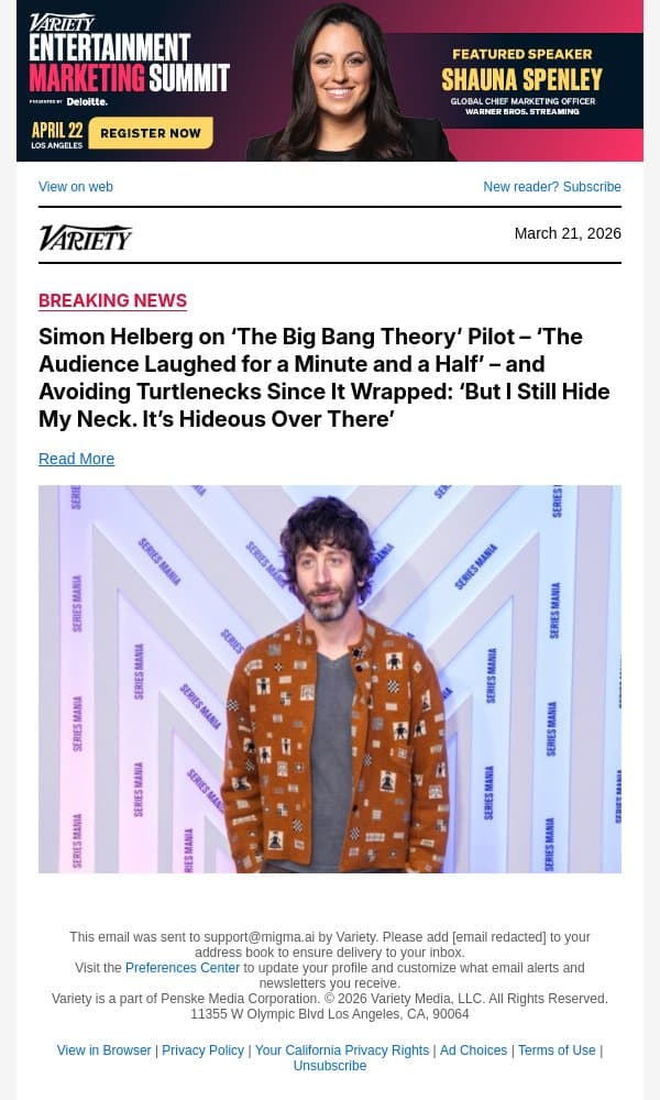 Simon Helberg on ‘The Big Bang Theory’ Pilot – ‘The Audience Laughed for a Minute and a Half’ – and Avoiding Turtlenecks Since It Wrapped: ‘But I Still Hide My Neck. It’s Hideous Over There’ email from Variety screenshot