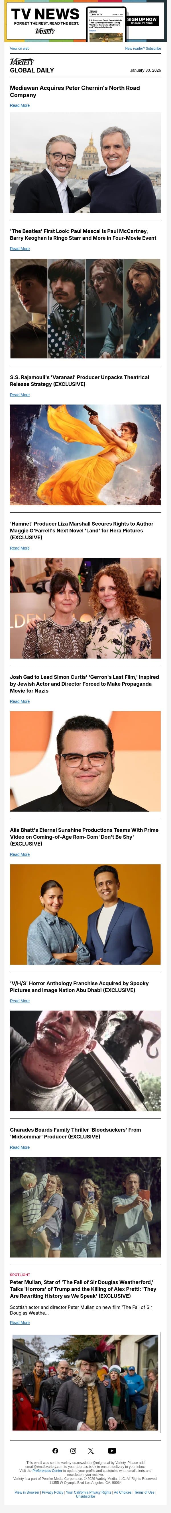 Mediawan Acquires North Road; 'The Beatles' First Look; 'Varanasi' Theatrical Strategy email from Variety screenshot