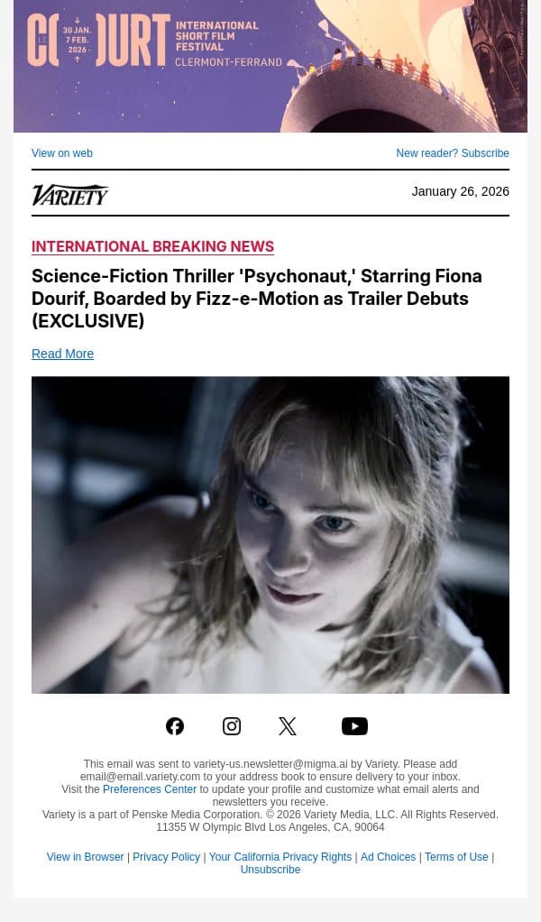 Science-Fiction Thriller 'Psychonaut,' Starring Fiona Dourif, Boarded by Fizz-e-Motion as Trailer Debuts (EXCLUSIVE) email from Variety screenshot