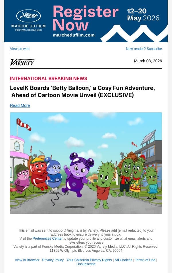 LevelK Boards ‘Betty Balloon,’ a Cosy Fun Adventure, Ahead of Cartoon Movie Unveil (EXCLUSIVE) email from Variety screenshot