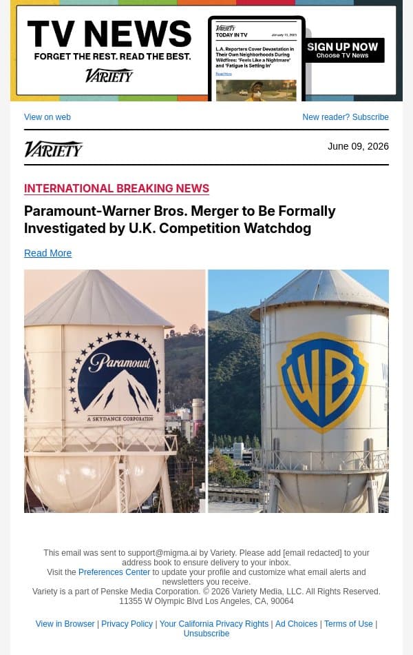 Paramount-Warner Bros. Merger to Be Formally Investigated by U.K. Competition Watchdog email from Variety screenshot
