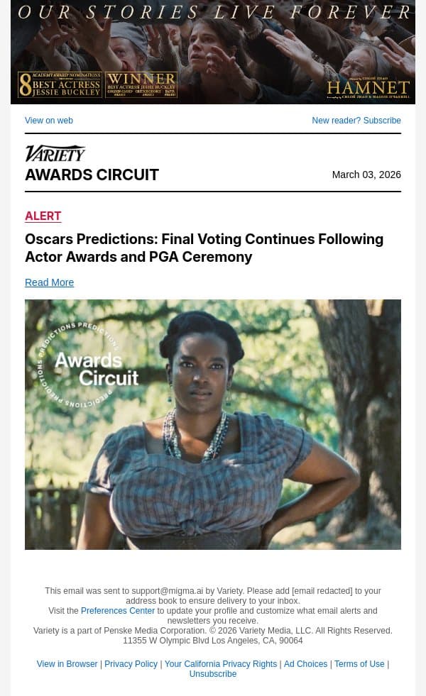 Oscars Predictions: Final Voting Continues Following Actor Awards and PGA Ceremony email from Variety screenshot