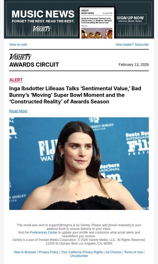 Inga Ibsdotter Lilleaas Talks ‘Sentimental Value,’ Bad Bunny’s ‘Moving’ Super Bowl Moment and the ‘Constructed Reality’ of Awards Season email from Variety screenshot
