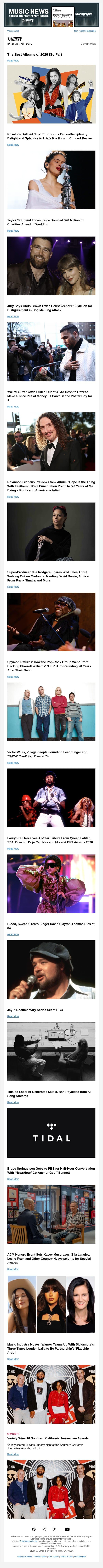 The Best Albums of 2026 (So Far); Rosalía’s Brilliant ‘Lux’ Tour, Reviewed; Chris Brown Hits With $13M Judgment in Dog Mauling email from Variety screenshot