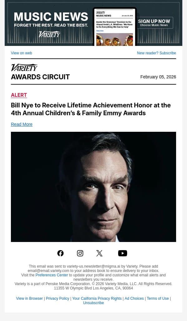 Bill Nye to Receive Lifetime Achievement Honor at the 4th Annual Children’s and Family Emmy Awards email from Variety screenshot