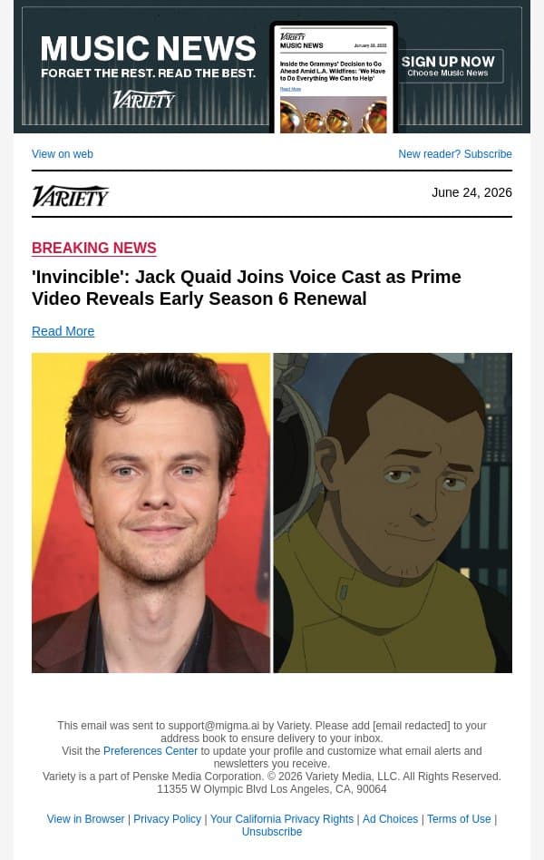 'Invincible': Jack Quaid Joins Voice Cast as Prime Video Reveals Early Season 6 Renewal email from Variety screenshot