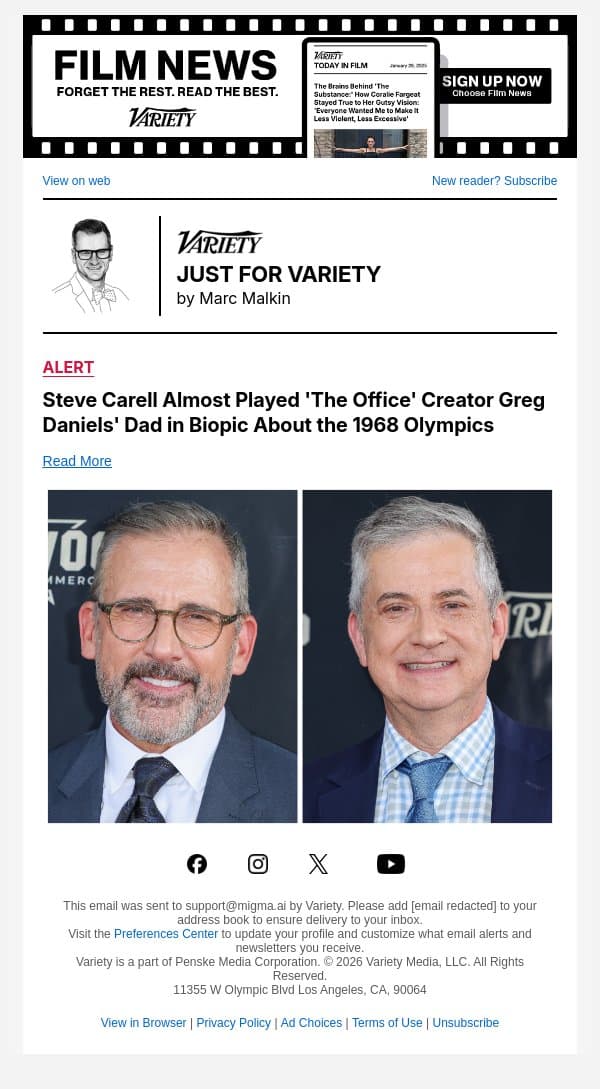 Steve Carell Almost Played 'The Office' Creator Greg Daniels' Dad in Biopic About the 1968 Olympics email from Variety screenshot