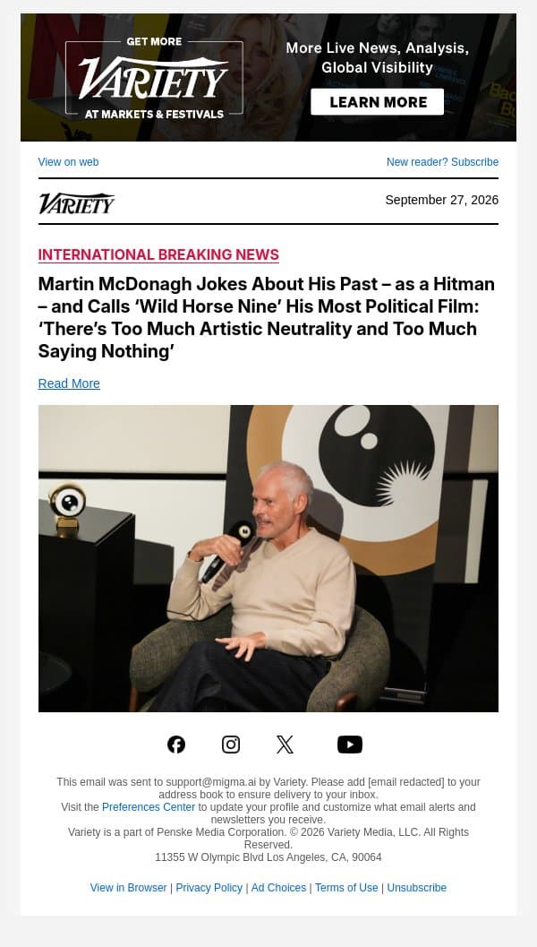 Martin McDonagh Jokes About His Past – as a Hitman – and Calls ‘Wild Horse Nine’ His Most Political Film: ‘There’s Too Much Artistic Neutrality and Too Much Saying Nothing’ email from Variety screenshot