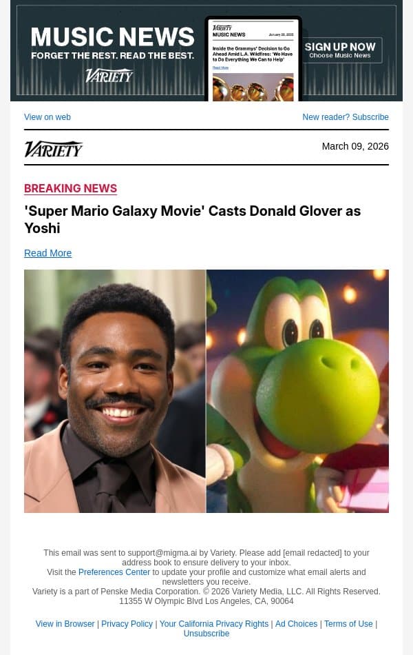 'Super Mario Galaxy Movie' Casts Donald Glover as Yoshi email from Variety screenshot