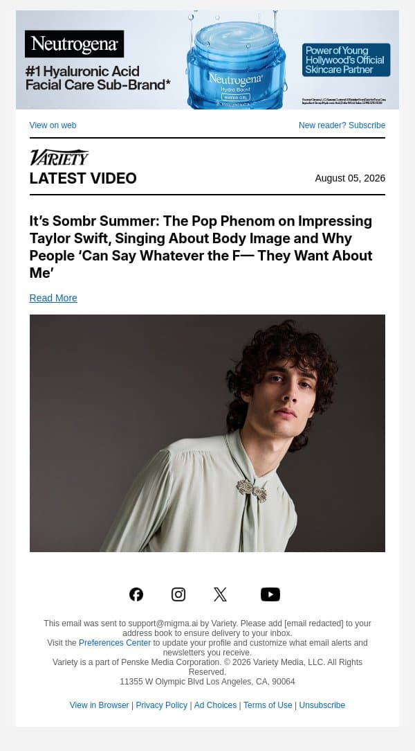 It’s Sombr Summer: The Pop Phenom on Impressing Taylor Swift, Singing About Body Image and Why People ‘Can Say Whatever the F— They Want About Me’ email from Variety screenshot