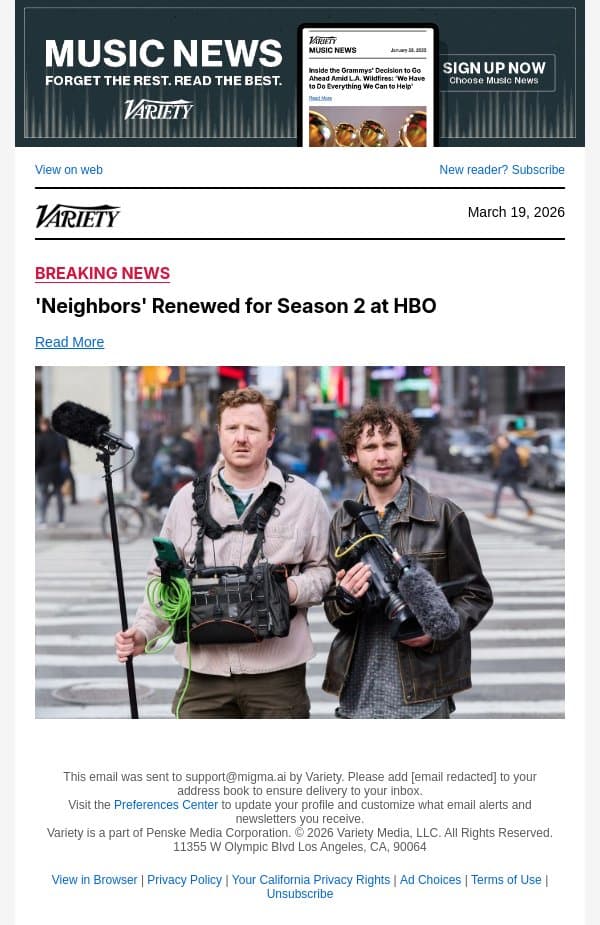 'Neighbors' Renewed for Season 2 at HBO email from Variety screenshot