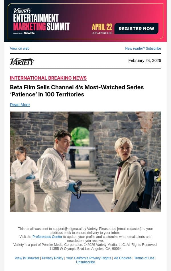 Beta Film Sells Channel 4’s Most-Watched Series ‘Patience’ in 100 Territories email from Variety screenshot