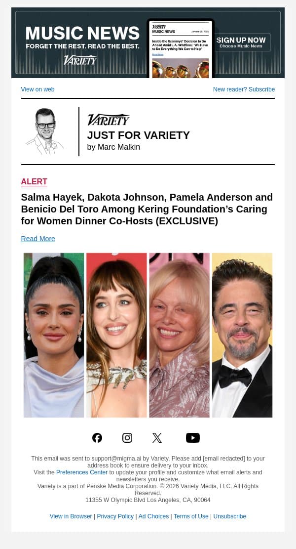 Salma Hayek, Dakota Johnson, Pamela Anderson and Benicio Del Toro Among Kering Foundation’s Caring for Women Dinner Co-Hosts (EXCLUSIVE) email from Variety screenshot