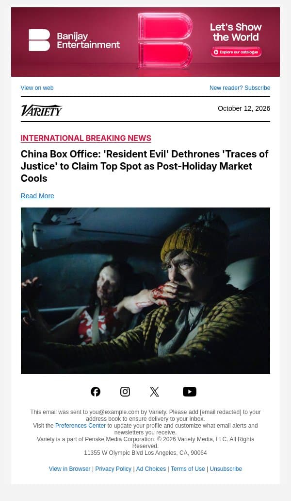 China Box Office: 'Resident Evil' Dethrones 'Traces of Justice' to Claim Top Spot as Post-Holiday Market Cools email from Variety screenshot