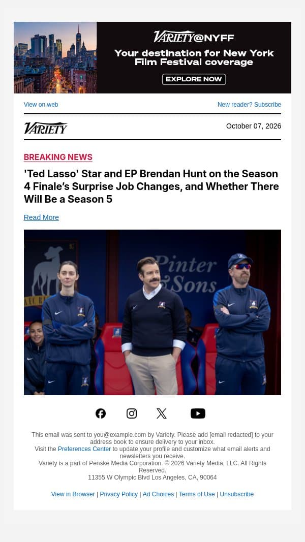 'Ted Lasso' Star and EP Brendan Hunt on the Season 4 Finale’s Surprise Job Changes, and Whether There Will Be a Season 5 email from Variety screenshot