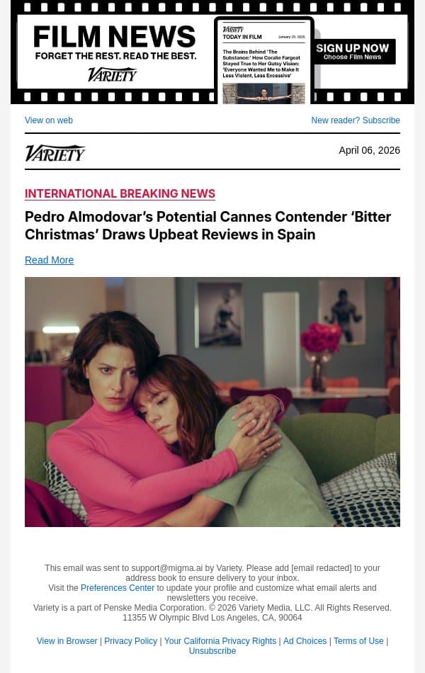 Pedro Almodovar’s Potential Cannes Contender ‘Bitter Christmas’ Draws Upbeat Reviews in Spain email from Variety screenshot