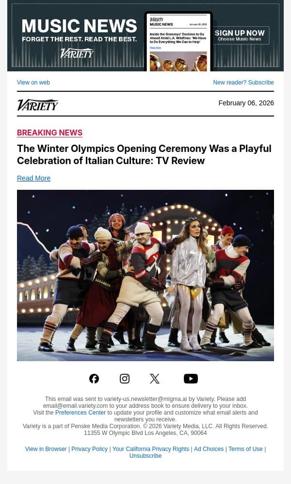 The Winter Olympics Opening Ceremony Was a Playful Celebration of Italian Culture: TV Review email from Variety screenshot