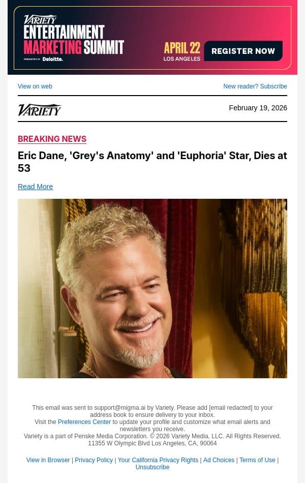 Eric Dane, 'Grey's Anatomy' and 'Euphoria' Star, Dies at 53 email from Variety screenshot