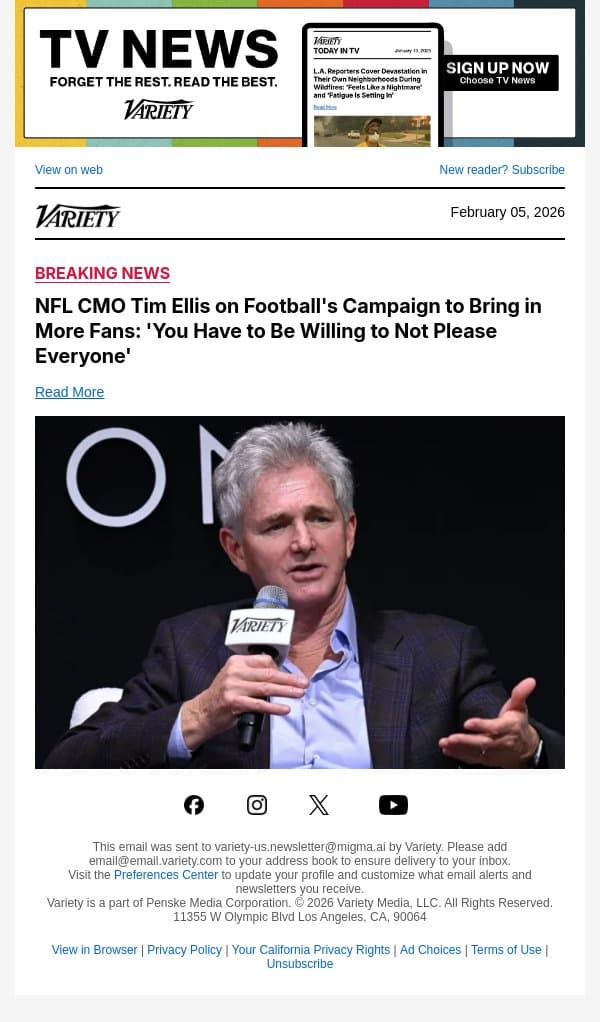 NFL CMO Tim Ellis on Football's Campaign to Bring in More Fans: 'You Have to Be Willing to Not Please Everyone' email from Variety screenshot