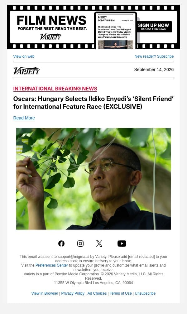 Oscars: Hungary Selects Ildiko Enyedi’s ‘Silent Friend’ for International Feature Race (EXCLUSIVE) email from Variety screenshot