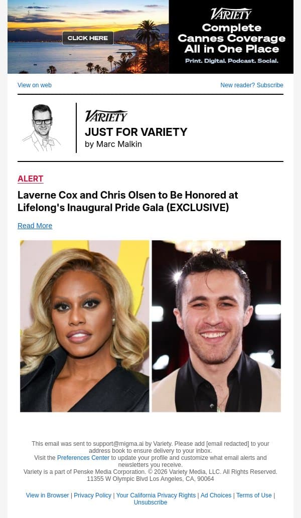 Laverne Cox and Chris Olsen to Be Honored at Lifelong's Inaugural Pride Gala (EXCLUSIVE) email from Variety screenshot