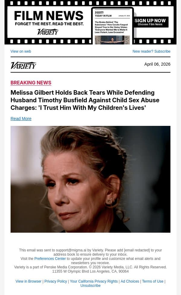 Melissa Gilbert Holds Back Tears While Defending Husband Timothy Busfield Against Child Sex Abuse Charges: 'I Trust Him With My Children's Lives' email from Variety screenshot