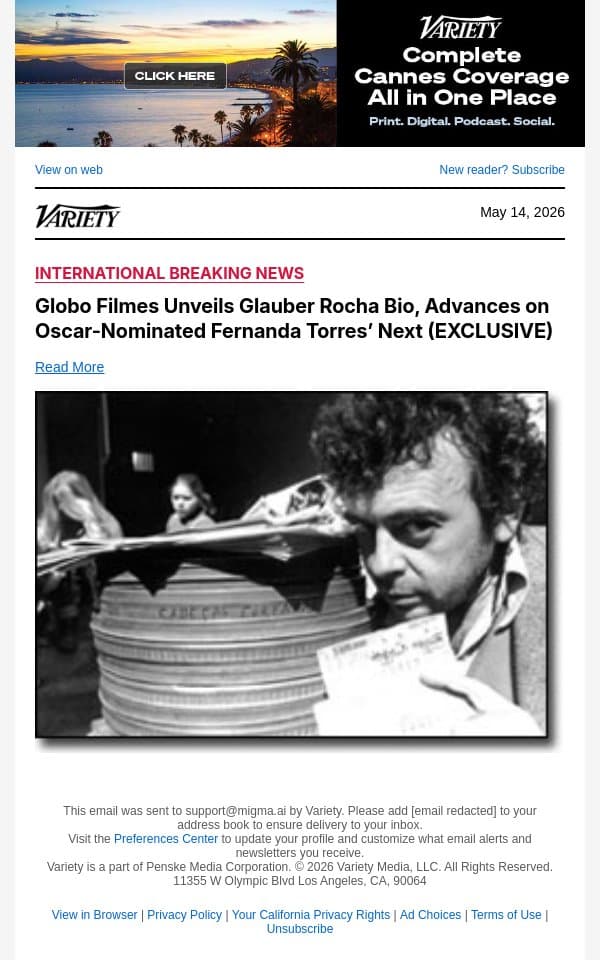 Globo Filmes Unveils Glauber Rocha Bio, Advances on Oscar-Nominated Fernanda Torres’ Next (EXCLUSIVE) email from Variety screenshot