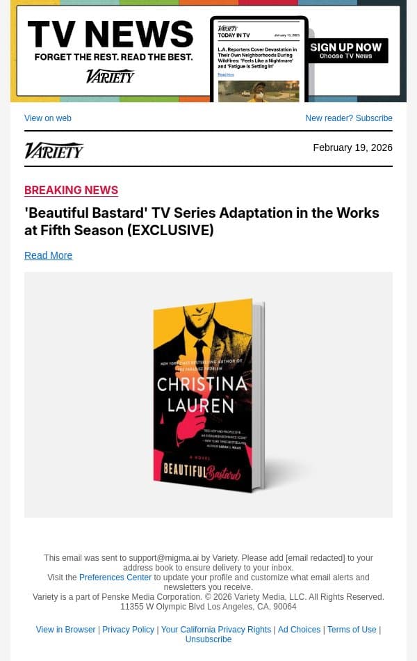 'Beautiful Bastard' TV Series Adaptation in the Works at Fifth Season (EXCLUSIVE) email from Variety screenshot