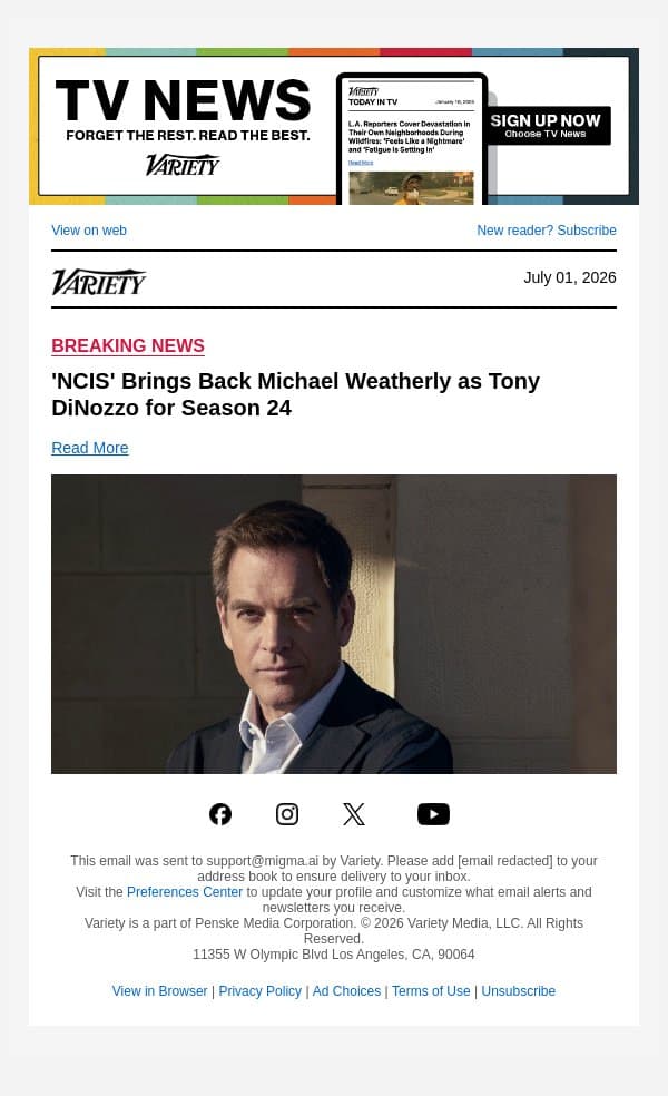 'NCIS' Brings Back Michael Weatherly as Tony DiNozzo for Season 24 email from Variety screenshot