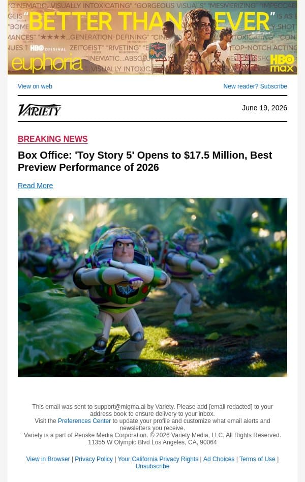 Box Office: 'Toy Story 5' Opens to $17.5 Million, Best Preview Performance of 2026 email from Variety screenshot