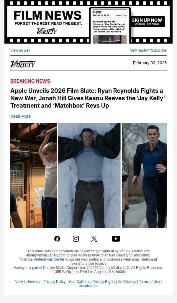 Apple Unveils 2026 Film Slate: Ryan Reynolds Fights a New War, Jonah Hill Gives Keanu Reeves the 'Jay Kelly' Treatment and ‘Matchbox’ Revs Up email from Variety screenshot