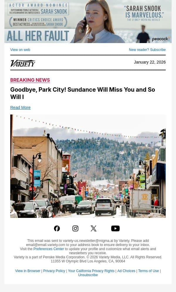 Goodbye, Park City! Sundance Will Miss You and So Will I email from Variety screenshot