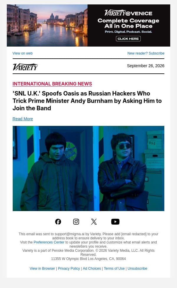 'SNL U.K.' Spoofs Oasis as Russian Hackers Who Trick Prime Minister Andy Burnham by Asking Him to Join the Band email from Variety screenshot