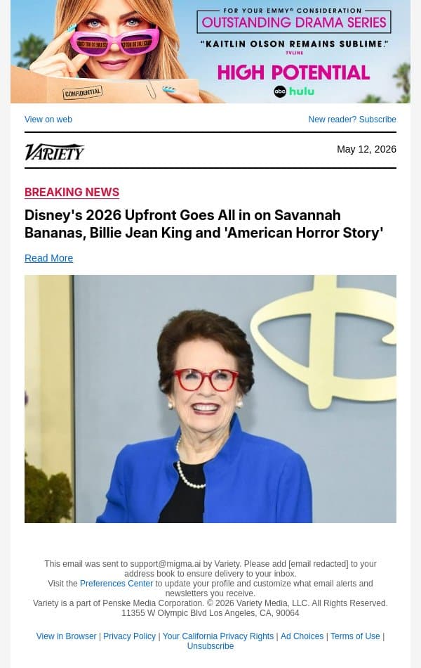Disney's 2026 Upfront Goes All in on Savannah Bananas, Billie Jean King and 'American Horror Story' email from Variety screenshot