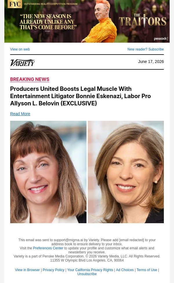 Producers United Boosts Legal Muscle With Entertainment Litigator Bonnie Eskenazi, Labor Pro Allyson L. Belovin (EXCLUSIVE) email from Variety screenshot