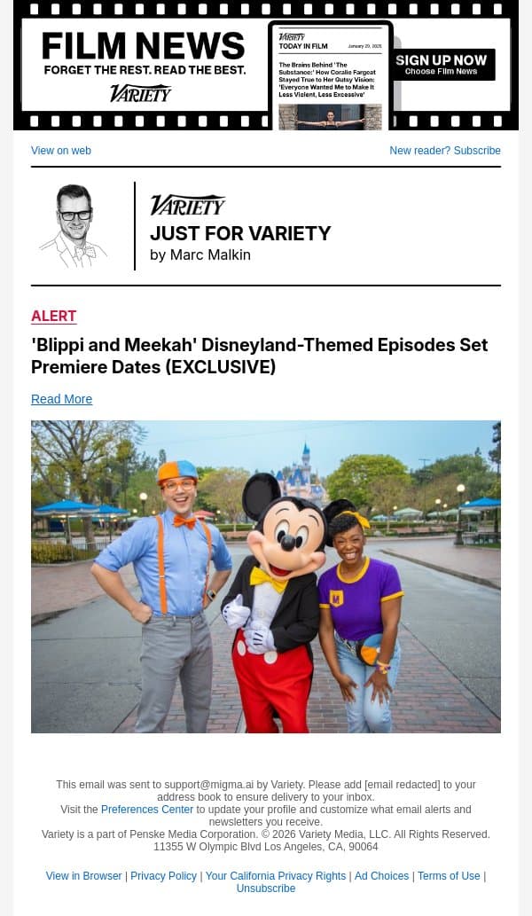 'Blippi and Meekah' Disneyland-Themed Episodes Set Premiere Dates (EXCLUSIVE) email from Variety screenshot