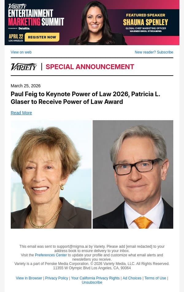 Paul Feig to Keynote Power of Law 2026, Patricia L. Glaser to Receive Power of Law Award email from Variety screenshot