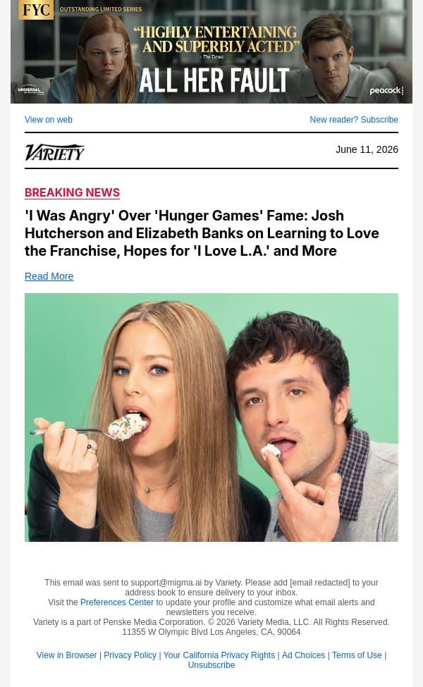 'I Was Angry' Over 'Hunger Games' Fame: Josh Hutcherson and Elizabeth Banks on Learning to Love the Franchise, Hopes for 'I Love L.A.' and More email from Variety screenshot