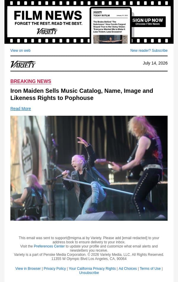Iron Maiden Sells Music Catalog, Name, Image and Likeness Rights to Pophouse email from Variety screenshot