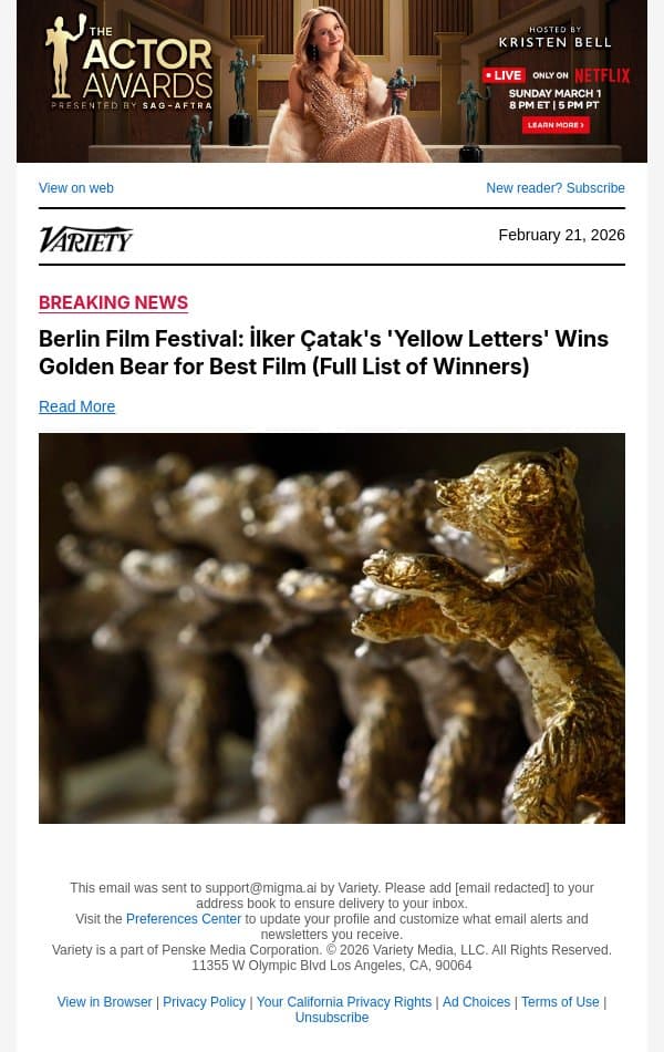 Berlin Film Festival: İlker Çatak's 'Yellow Letters' Wins Golden Bear for Best Film (Full List of Winners) email from Variety screenshot