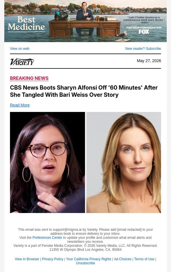 CBS News Boots Sharyn Alfonsi Off '60 Minutes' After She Tangled With Bari Weiss Over Story email from Variety screenshot