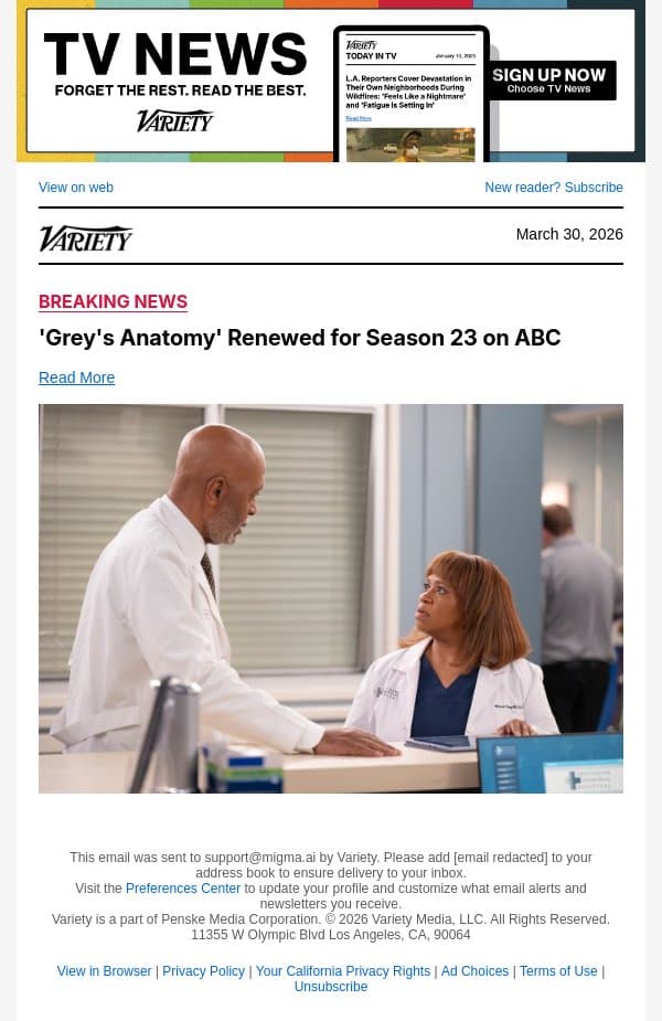 'Grey's Anatomy' Renewed for Season 23 on ABC email from Variety screenshot